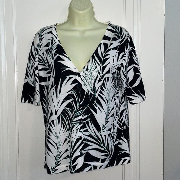 Talbots black & white bamboo print short sleeved cardigan sweater - Picture 1 of 8